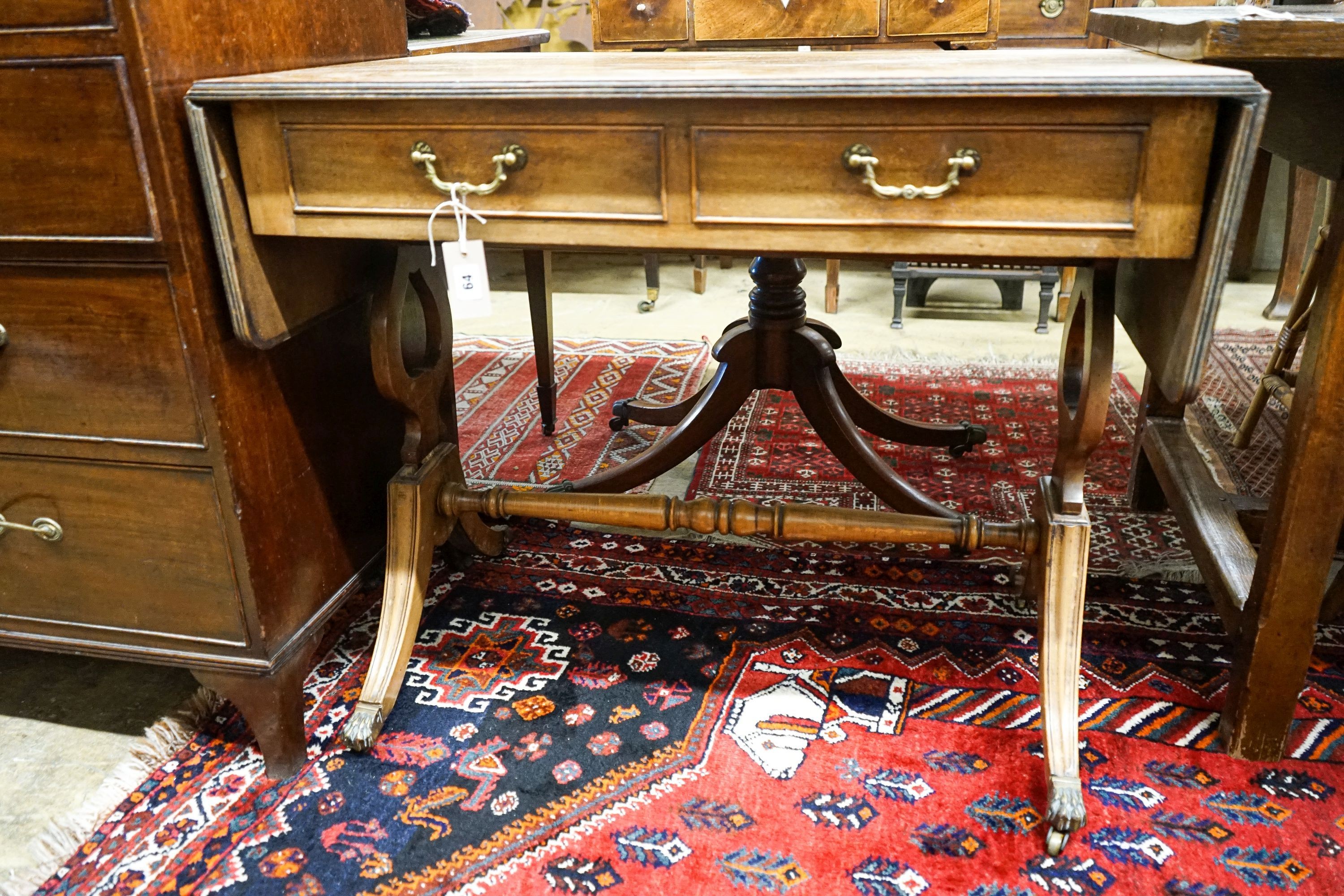 A reproduction inlaid mahogany sofa table, width 88cm, depth 55cm, height 74cm